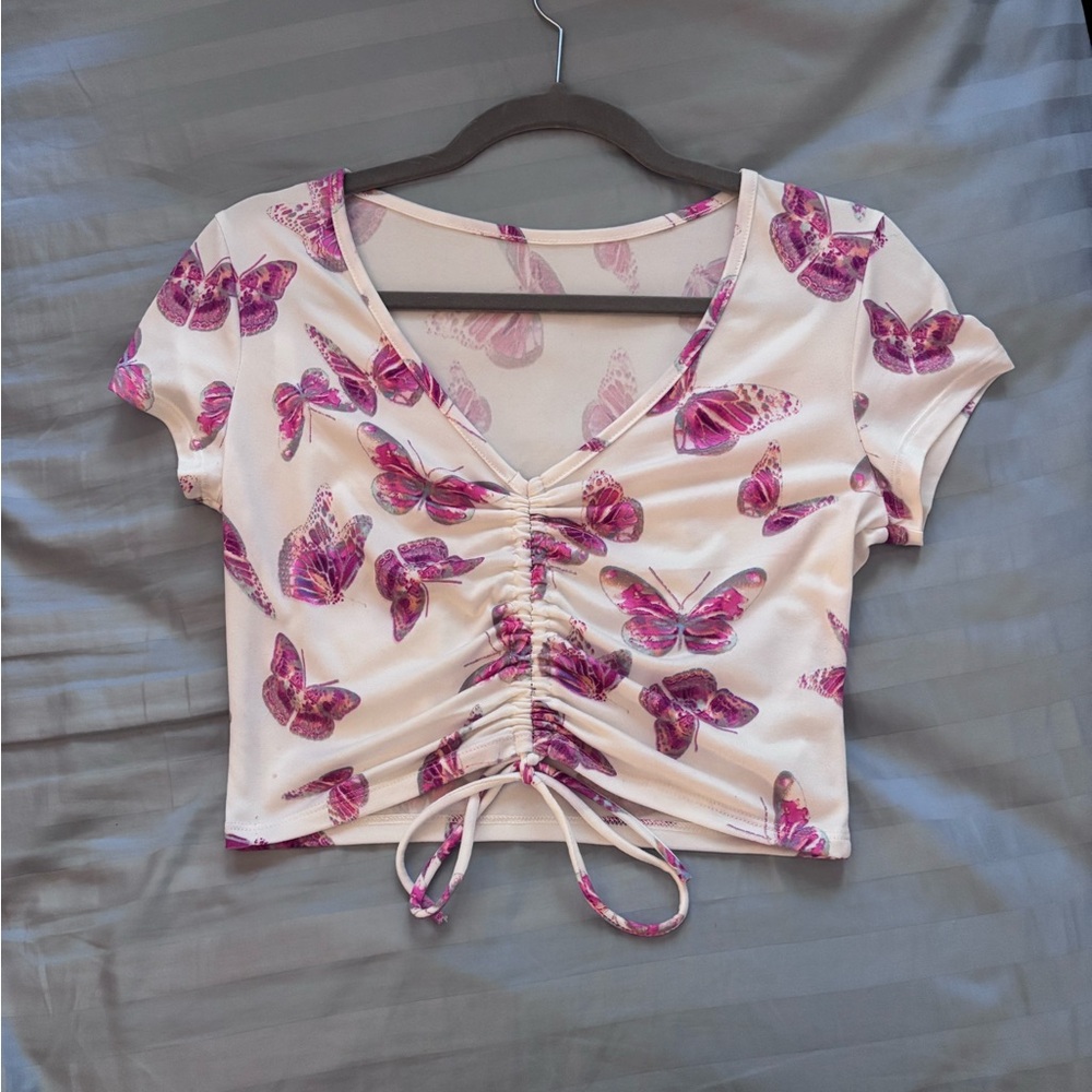 Women's Pink Butterfly Ruched V-Neck Crop Top